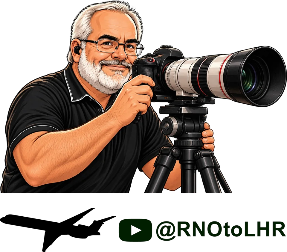 Illustration of the RNO to LHR host with a telephoto camera on a tripod, ready to spot planes